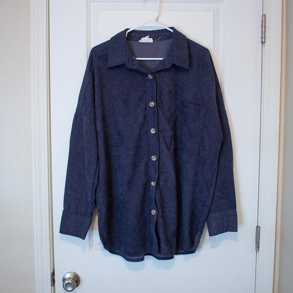 L Corduroy Shacket Jacket Button Up Shirt with Pocket Casual Heyson Navy Blue - Picture 1 of 5